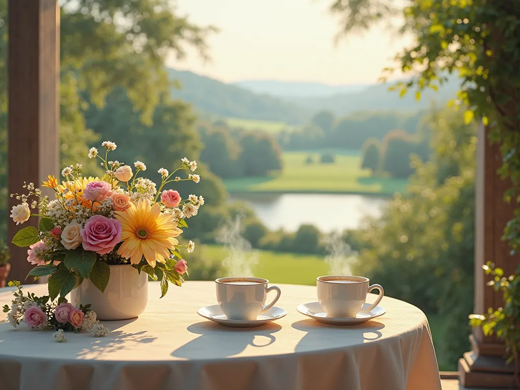 Beautiful flowers on the 18th century table on the terrace by the lake and green meadow, beautiful spring morning, a cup of coffee on the table