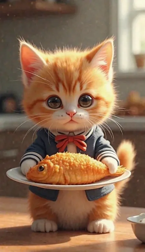 kitten (kitten cat orange, cute, dressed school uniform)  holding a plate of delicious fried fish