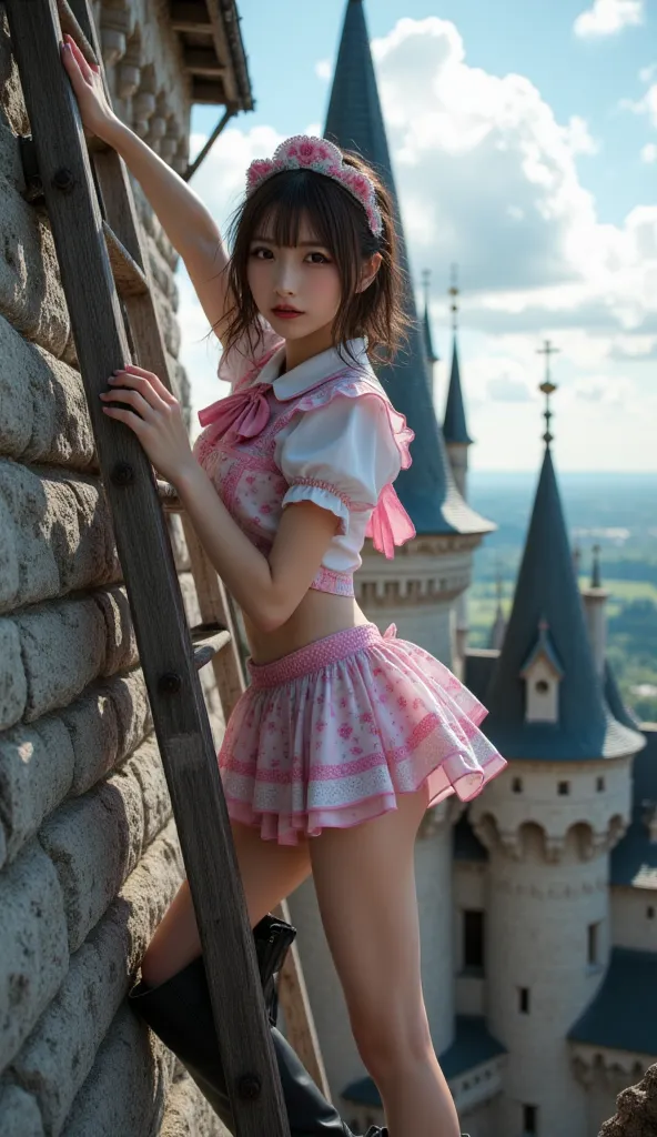  super real, photorealistic, DRAMATIC SCENE, shadow, Global Illumination, Alone, ( Famous Japanese Young Idol Woman :1.5), very beautiful and fragile Japanese girl, very cute but masculine and cool, full body、 wearing short boots 、(Modern maid:1.2), ( mini...