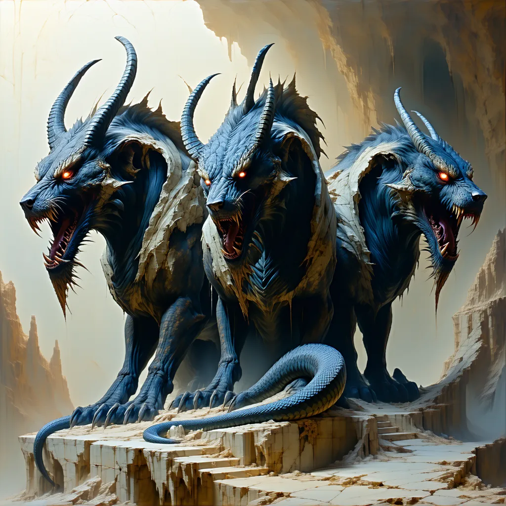 Cerberus, three heads, detsiledz madterpiece, demonic, hellish landscape, snake tail, ultra detsiled, masterpiece, mighty