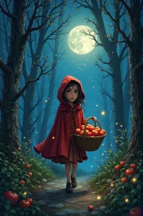 Riding hood girl and Carrying apples at night