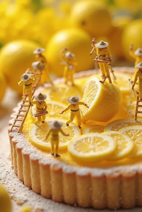 An ultra-detailed macro shot of a whimsical miniature world where tiny workers in yellow uniforms and straw hats are harvesting fresh lemons on a giant lemon tart. Some workers climb wooden ladders, others carry baskets filled with lemon wedges, and a few ...