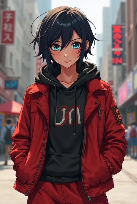 Peni parker, short hair, blue eyes, black hair, hair between eyes, jacket, open clothes, pants, hood, open jacket, hoodie, red jacket, red pants, track pants,