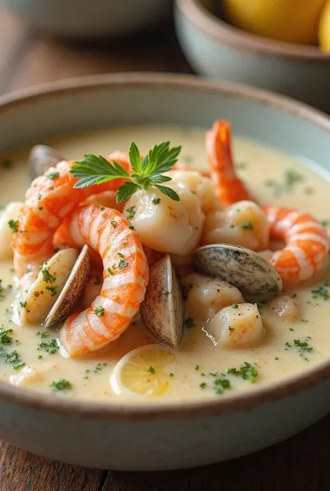 Creamy Seafood Soup
Creamy and Comforting Seafood Soup: clams, fish, shrimp 

