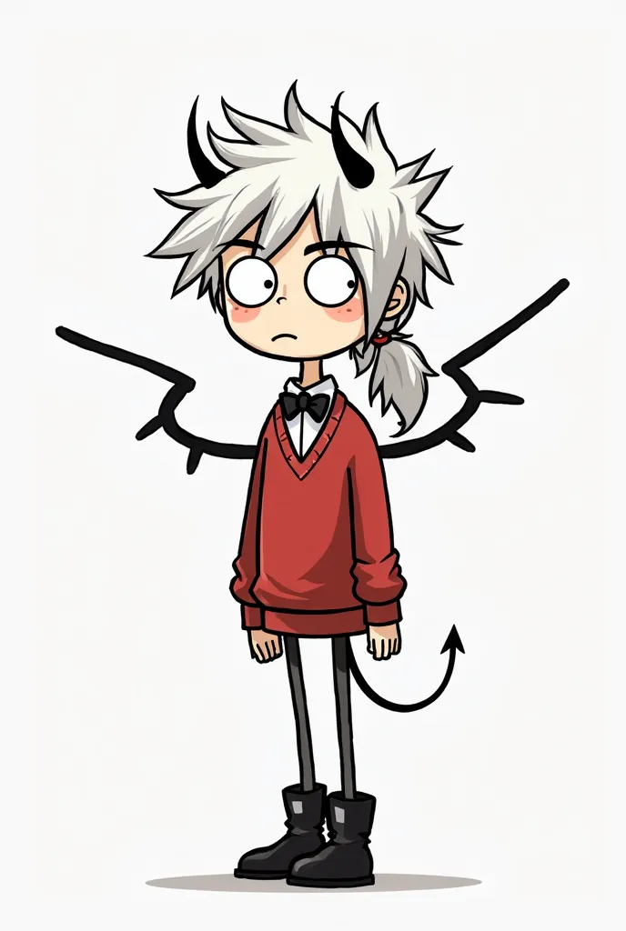  a male stick figure with white eyes and  white, messy hair and a ponytail. He has thin black horns and black wings and wears a Red sweater, a black bowtie, a white undershirt, and black boots, stickman  art.