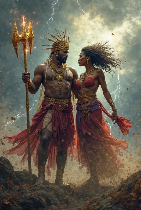 "Xangô y oya representados con gran majestuosidad en un entorno místico y poderoso. Xangô, the orisha of justice and thunder, appears as a strong and regal man, with a red and white robe , a golden crown and his double axe (Oxé ) shining with electrical en...