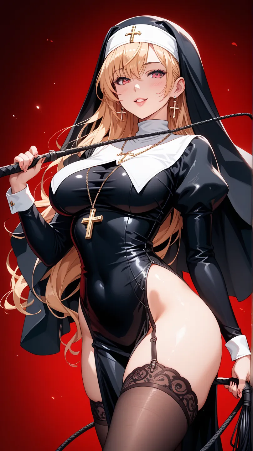 JKC,a digital anime-style illustration,A vivid CGI image of a striking, fair-skinned young woman in a tight, glossy black nun's habit with a black and white headdress and a criss-cross necklace adorned with a golden cross. Her high black boots extend to mi...