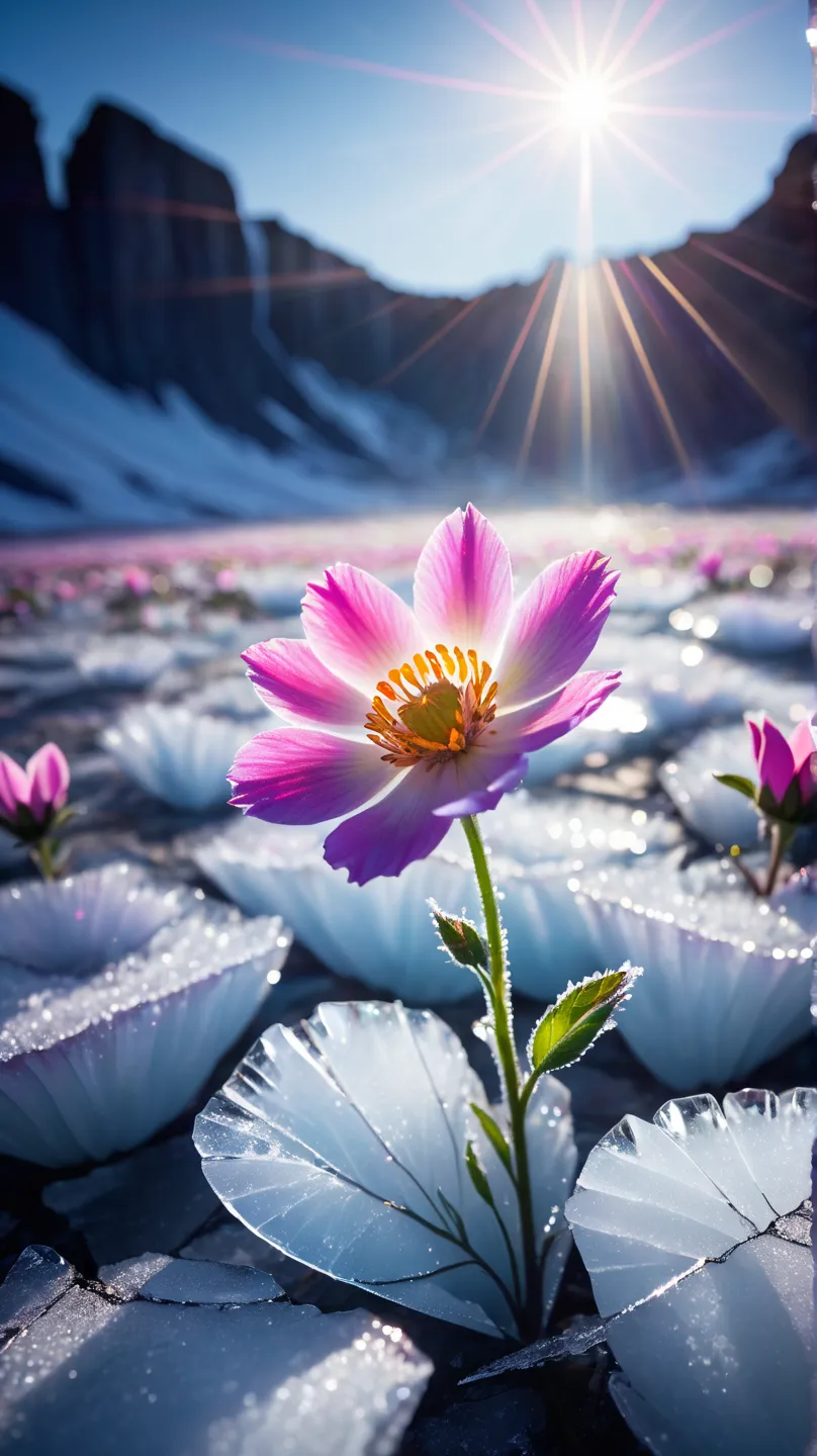 Ice Land、A flower is blooming from a crack in the ice、Spotlight、glitter effect to mask,  lens flare, background blur, 