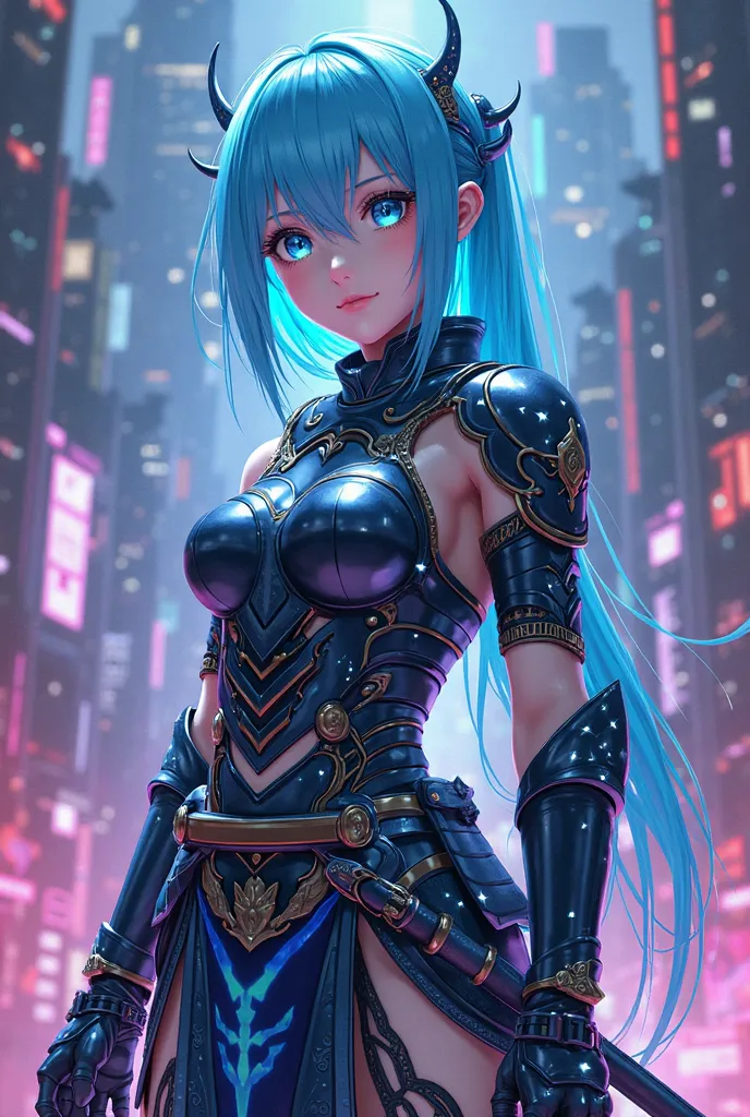 A samurai anime idol with sky blue hair wearing armor 