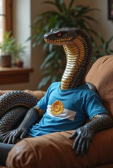 The Argentine cobra strimer sitting on a couch wearing an Argentinian t-shirt 