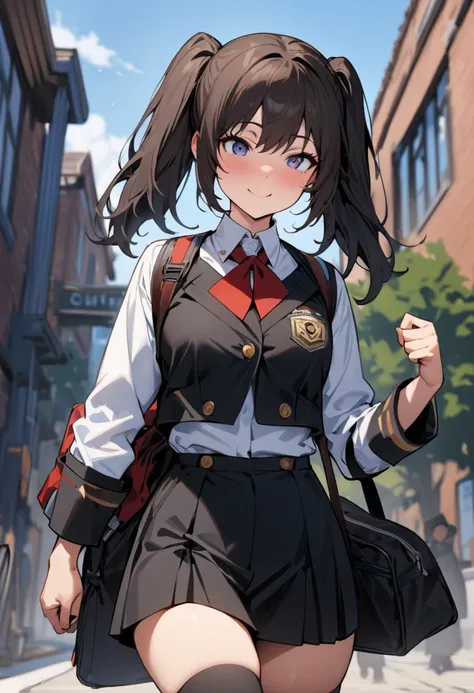 (  masterpiece  ,   top quality:1.2), 1 girl,  alone,  has expressive eyes, Walking with a student bag on his shoulder ,   female college student,   dark haired twintails  ,  female anthro , (((   take a look at the top of a girl with a perfect face))), bi...