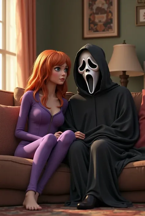 Background sitting on couch with Daphne Blake from Scooby Doo Ghostface from the horror movie scream amazing detail realistic 3D character style extremely detailed high quality hyper realistic 