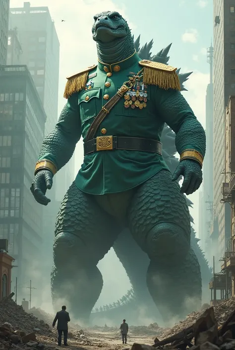 Create a godzilla in Lieutenant uniform.