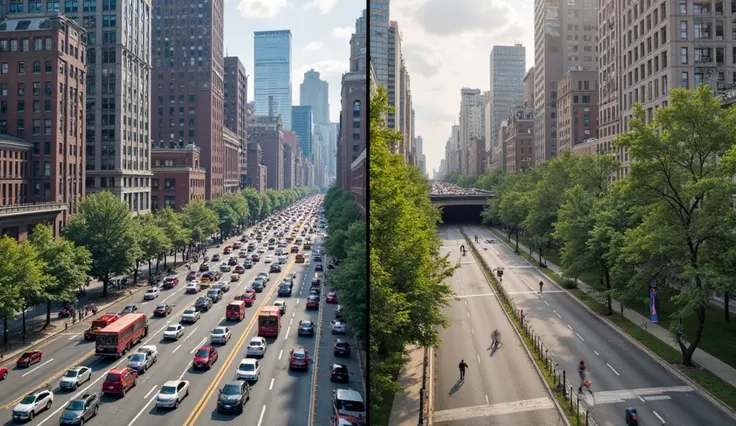 A split-screen image showing Boston’s Central Artery before the Big Dig, packed with traffic and pollution, compared to the modern underground tunnel system with smooth traffic flow and open green spaces.
