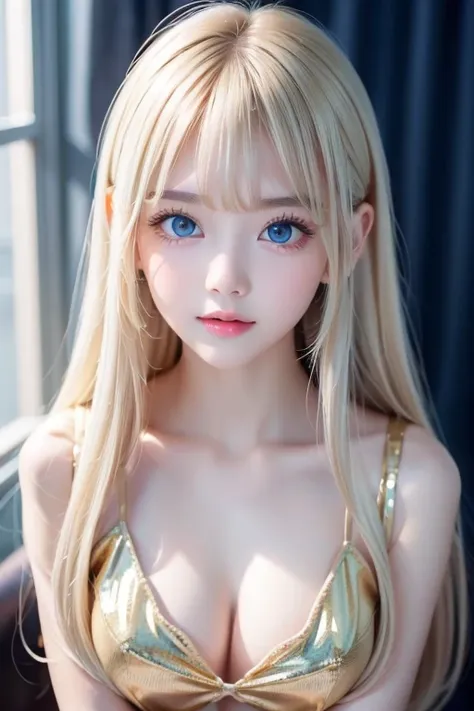 Portrait、High School Girls、Smooth, white, and shiny skin that is young, moisturized、Best Looks、Blonde Reflected Light 、 Platinum Blonde Hair with Dazzling Highlights 、 shiny bright hair 、 Super Long Silky Straight Hair 、輝く美しいbangs、beautiful incredibly brig...