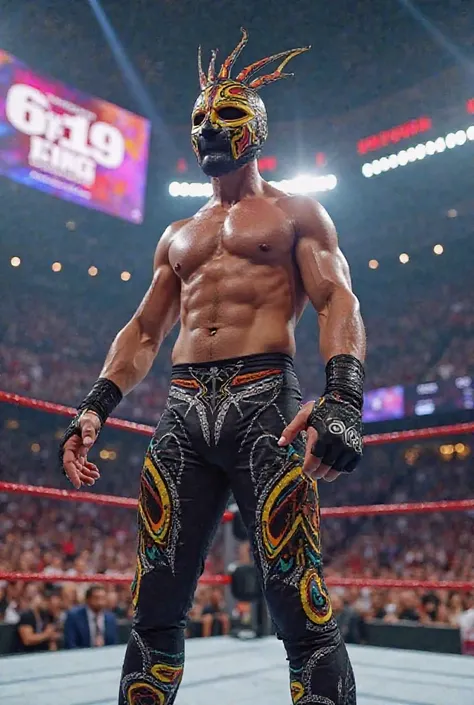 Mystery king fighter, agile and muscular with a short stature, wearing a colorful mask with tribal designs and a cross on the front. He wears long tight pants with eye-catching patterns and fingerless gloves. He stands in the WWE ring, in a dynamic pose, a...