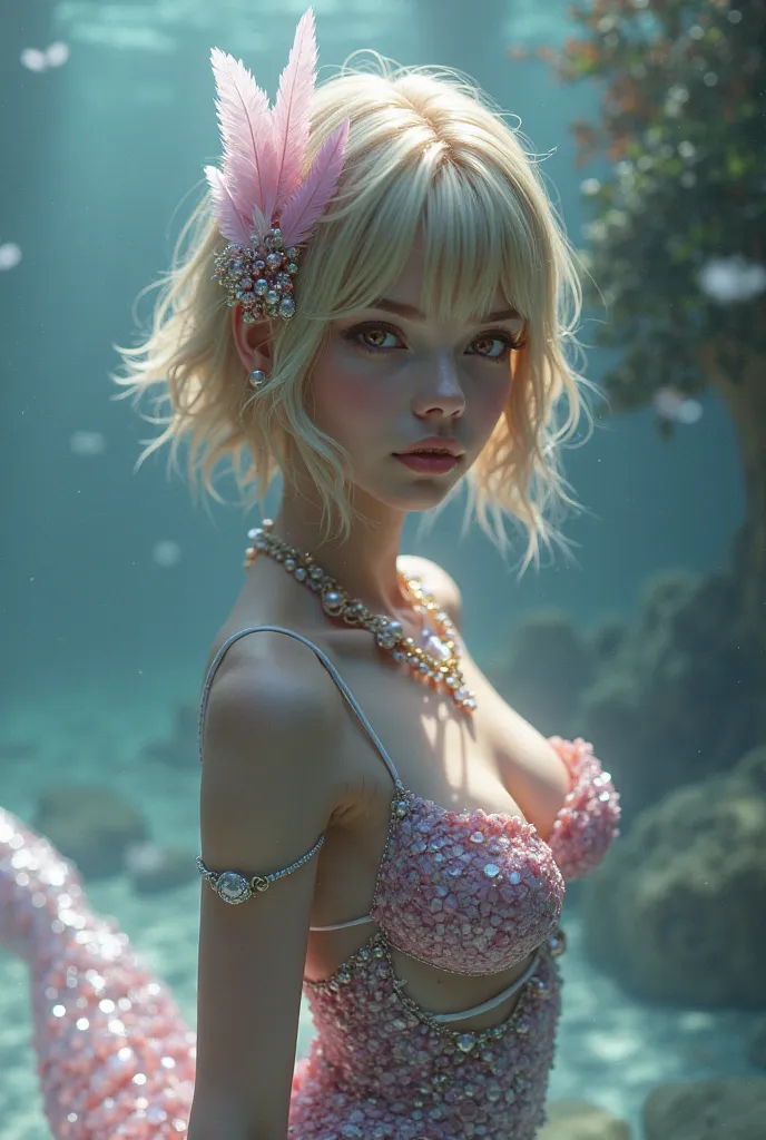 A beautiful  mermaid with short blond hair with a pink feather decoration on her head and hazel eyes. She wears dark lavender pink
 colour seashell bra and has lavender pink mermaid tail . The image should be as realistic as possible 
