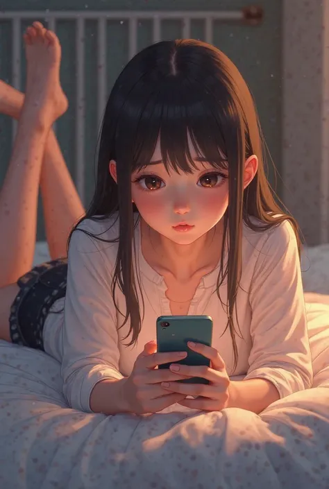 Anime girl lying on the bed on her stomach, looks at the phone with embarrassment, wearing miles of shorts and a white shirt, moving her legs with big breasts.