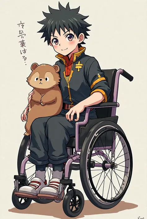 A Kimetsu no Yaiba character with a visible disability. The character does not have a leg, or has an amputated arm, or is in a wheelchair, but he is still strong and determined, with an appearance in the traditional style from anime. The character is coura...