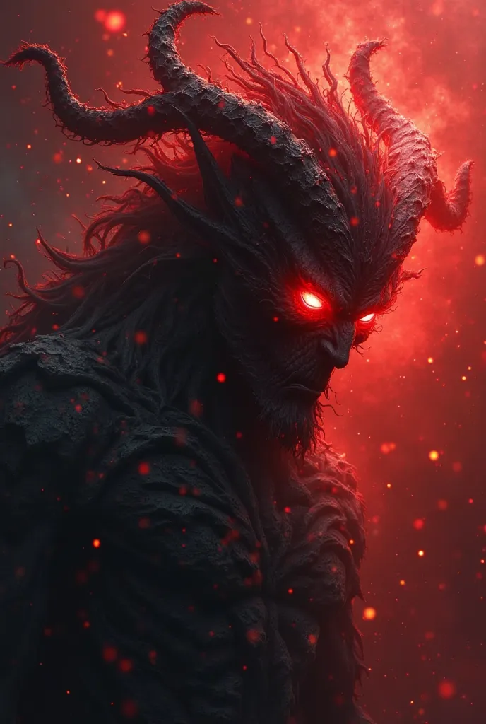 Generates a demonic soul that is made of darkness and emanates a glow made of energy, This red color, your eyes must be just the glow of this energy, has to have a not so humanoid shape, look impressive and a kind of hair made by the same energy and darkne...