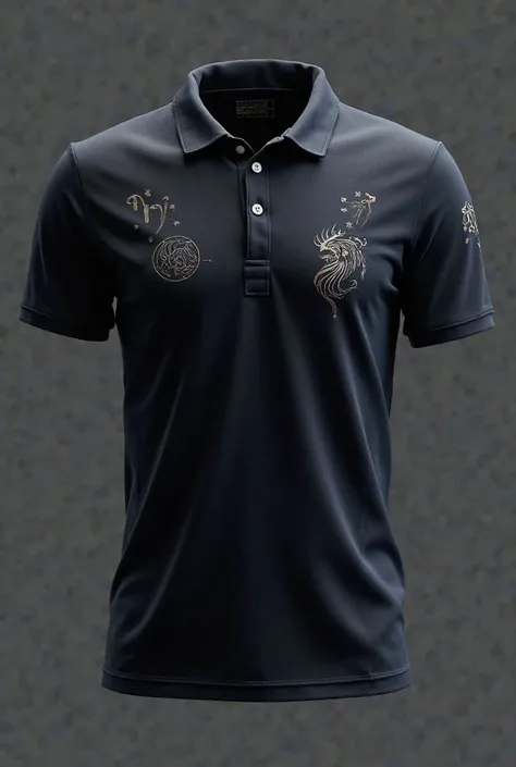 Make me a polo shirt in the style of a graduation shirt that is black with silver and navy blue details and that has some small subtle Viking rune designs