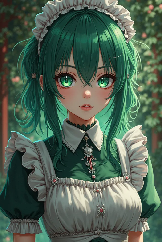 Anime, Maid, deep green hair, emerald eyes, intimidating eyes, bunny girl, medium hair, short tied hair on both side of the hair