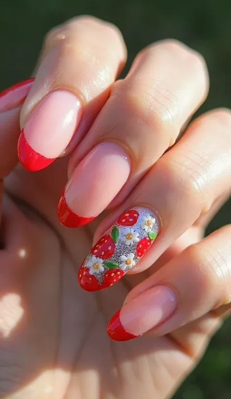 Almond-shaped acrylic nails with a translucent pink base and a decorative design of small red strawberries with green leaves and white flowers. Some nails have a French tip in vibrant red, while others are fully decorated with the pattern of strawberries a...