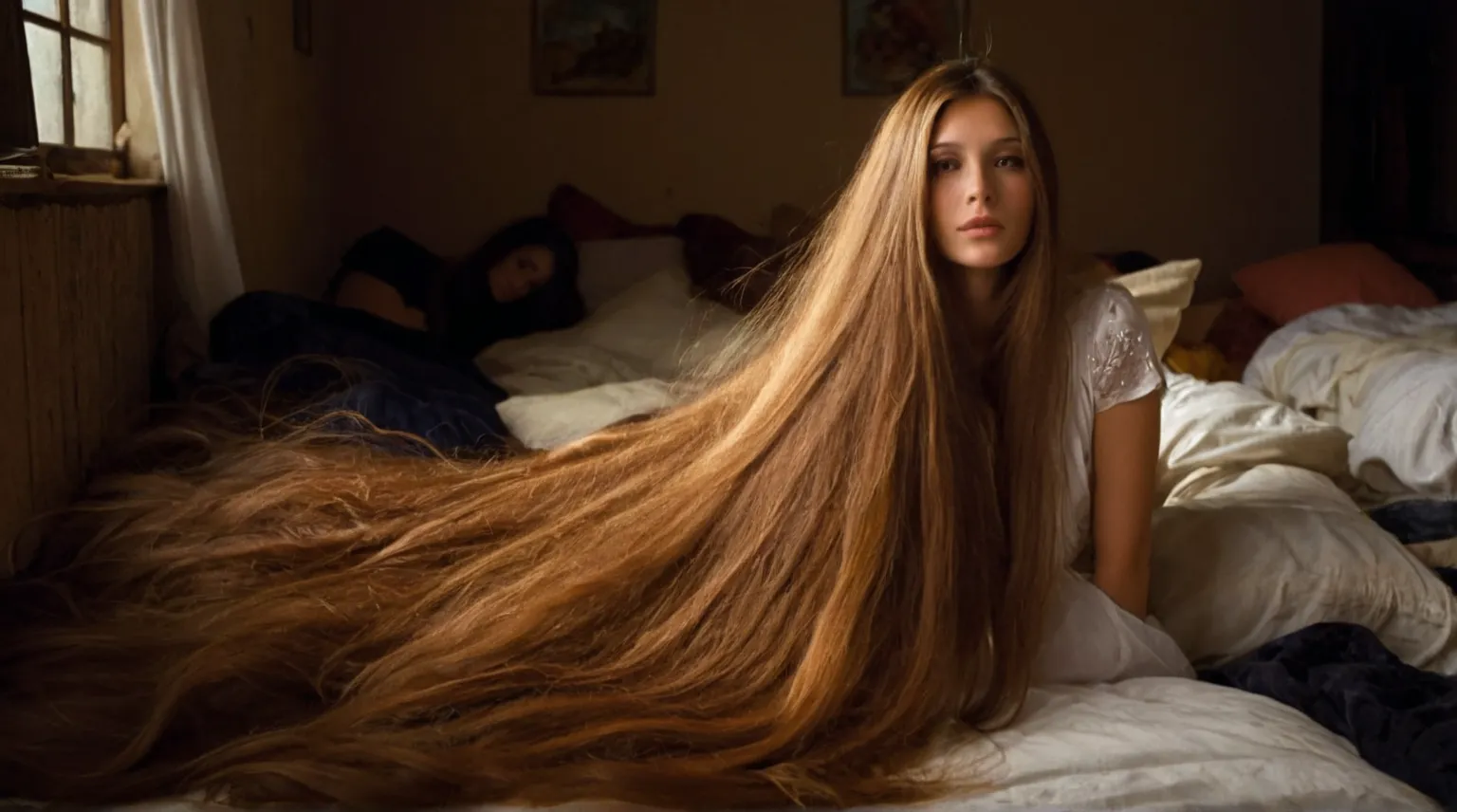 arafed woman sitting on a bed with very long "brunette hair", long brunette hair, girl with super long hair, glorious long brunette hair, extremely long thick brunette hair, long hair girl, extremely long hair, very long flowing brunette hair, long long fl...