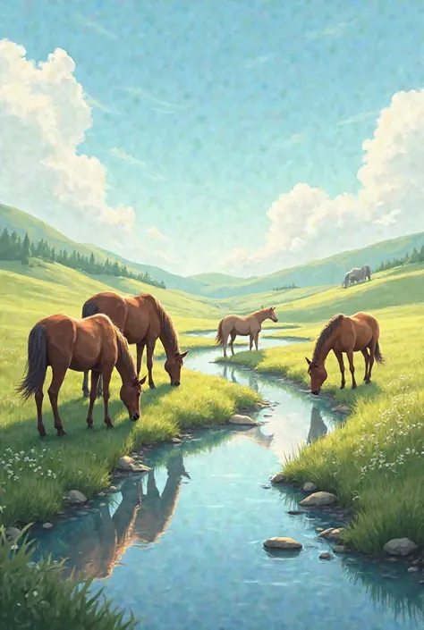 A herd of horses meeting grass by the stream 