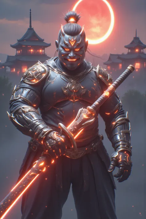 １Fat Man、 male、warrior、Armor、fat、 Japanese、Japanese castle in the distance、noon、The big sun in the background 、Wear Crimson Flame、Hold up colorful and fantastic God Soldier weapons、20 years old、smile、obesity