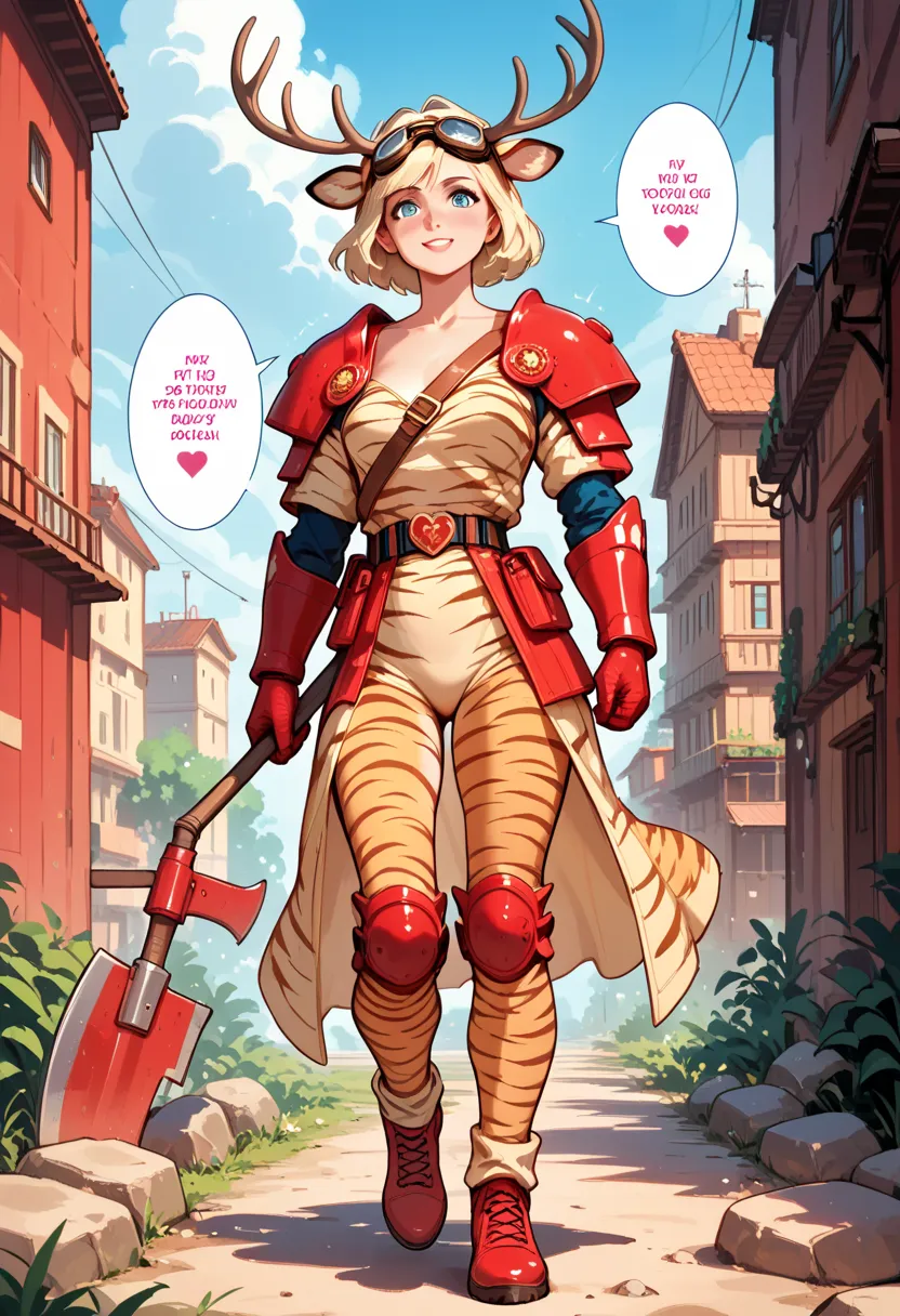  cute girl, Hold down clothes, Support your chest with both hands, Wear Fire Armor ,  Giant Axe ,  goggles, ,   deer antler, Tiger print waist wrap,   Rocket Boosters,  Palpate Your Chest ,  grins, (Page 1),comics, multi view,  Soviet , article, speech bub...