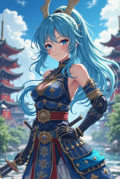 A samurai anime idol with sky blue hair who wears armor 