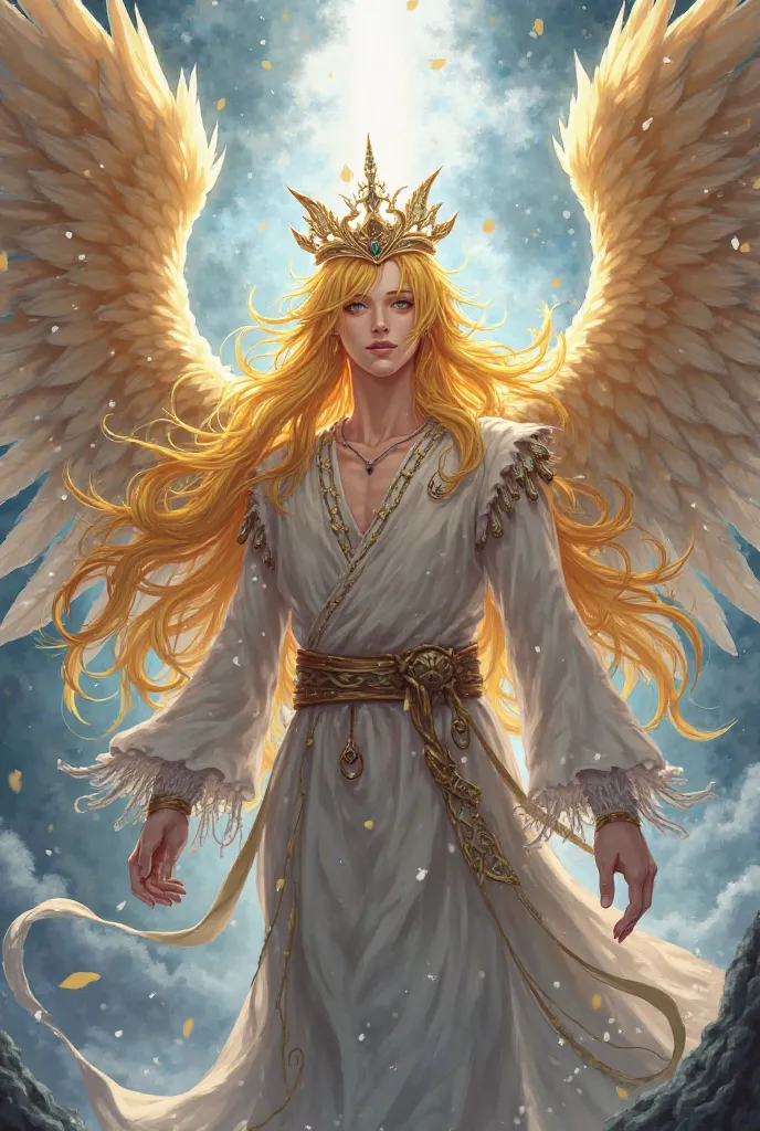 I want an anime-style character who is a 30-year-old male, height of 1.80, long yellow hair, who is a majestic angel with three sets of wings of various animals and a crown