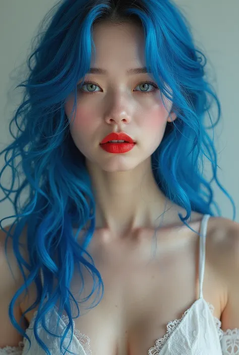 Beautiful cute girl with blue hair naked with curls to the waist front view looks forward with red lipstick