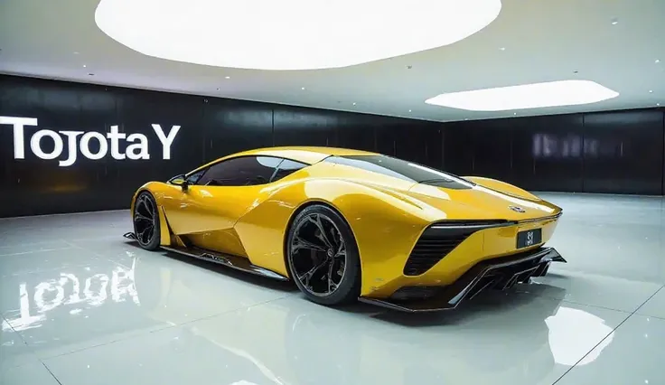 A captivating image of a (Toyota model y) taking center stage in a luxurious white showroom. The futuristic, vibrant yellow exterior gleams, showcasing its sleek, aerodynamic design and bold accents. The words (Toyota model y)are prominently displayed in l...