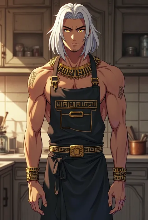 An Egyptian male anime character with dark skin, golden eyes, shoulder-length white hair, lean-muscular, standing in kitchen, weariblack apron