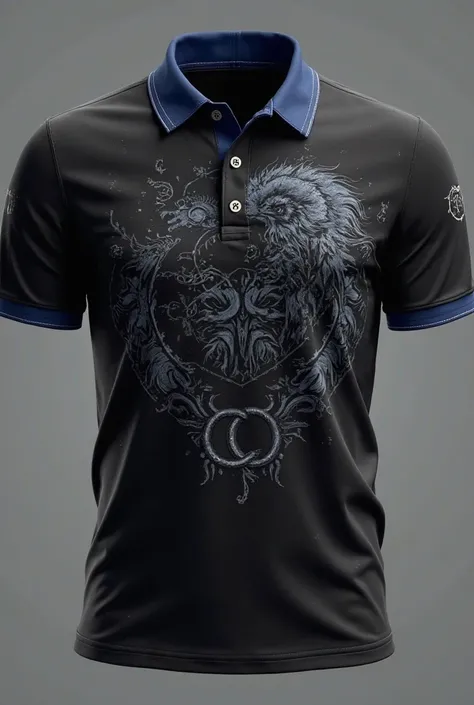 Make me a polo shirt in the style of a graduation shirt that is black with contrasting details in silver and navy blue that has the wolf from Norse mythology figurative on the chest and some details of Viking runes