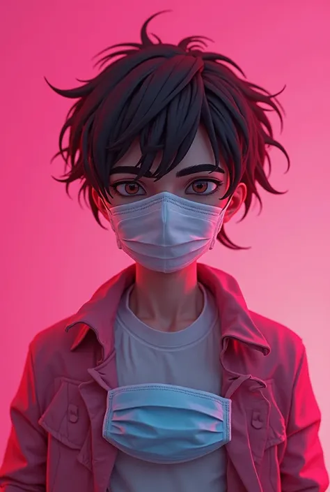 Young guy, dopu, on the head, the medical mask is lying behind the bag. on my head with pink background 