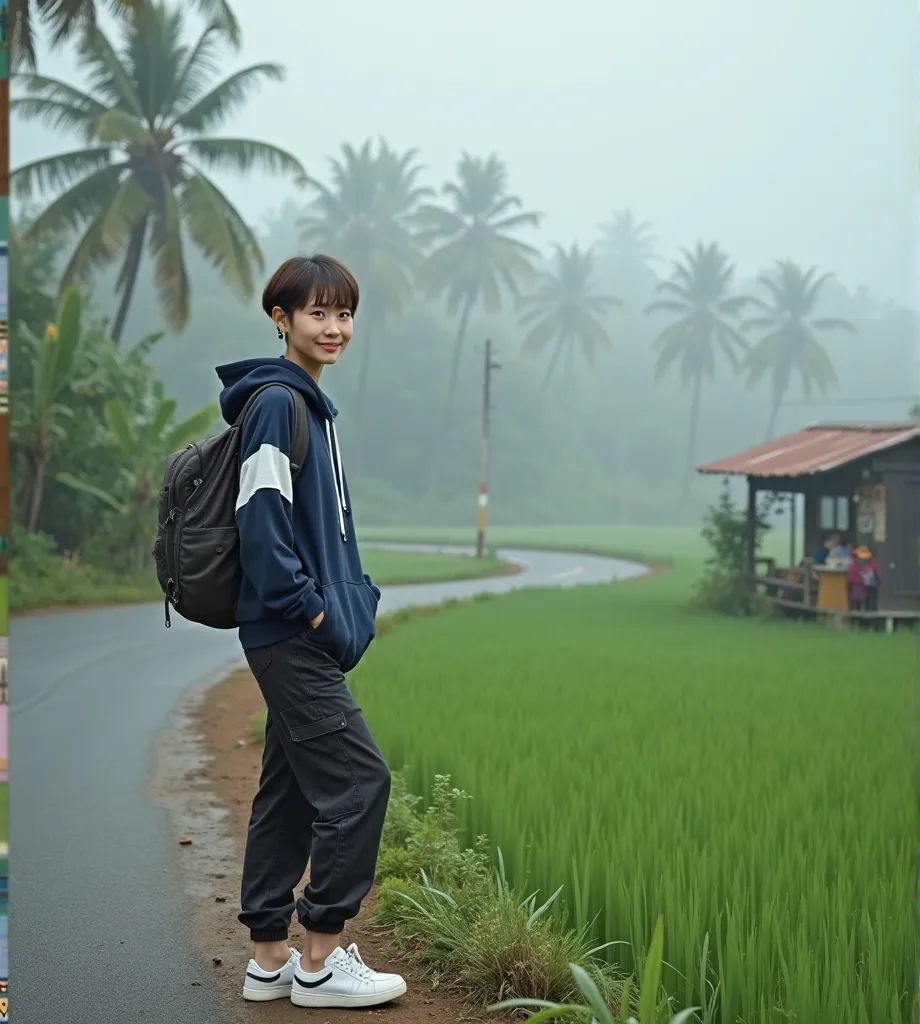 Cinematic photorealistic A peaceful village atmosphere on a foggy morning, with expanses of lush green rice fields stretching into the distance, framed by towering coconut trees and banana plants, while a small village hut selling local produce stands besi...