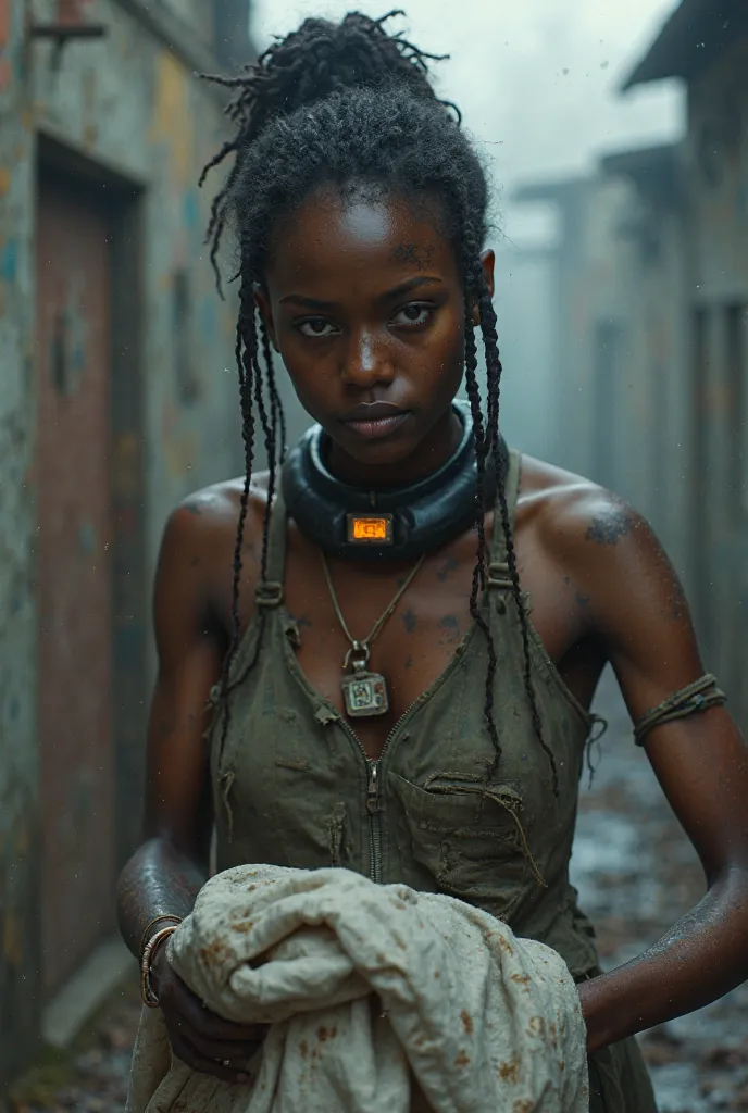 2025 18 year old legal Registered chattel African female house slave. she wear permanent shockcollar with fridchip. she wear slave dystopian clothes.  She is doing laundry 