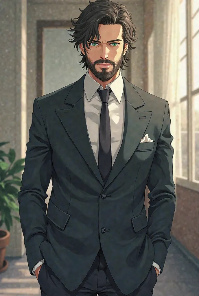 A guy in anime style with a messy two block hair style. Green hunter eyes. Neatly kept full bread. Face is diamond. And height is 6 feet and he is 31 years old and handsome, in formal outfit 