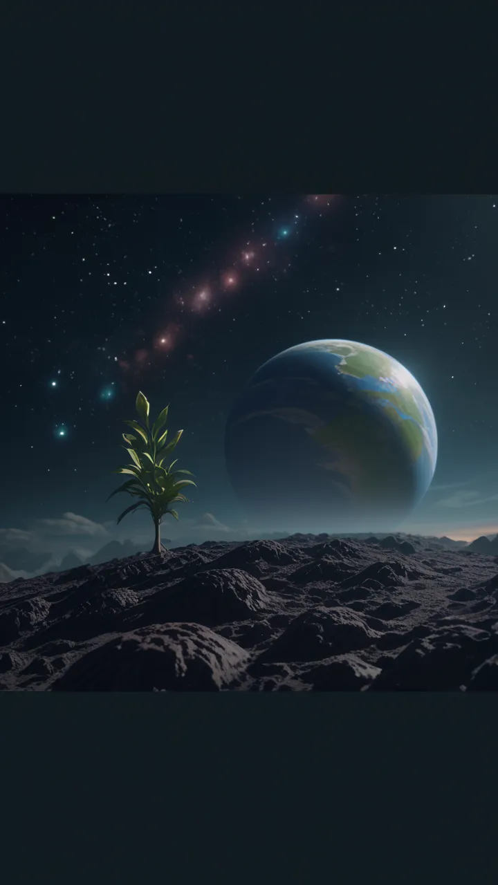 Ultra realistic image in 85 kl and high definition a small plant on an unknown planet in the sky a distant planet with rings and the infinite black space and its stars and distant galaxies