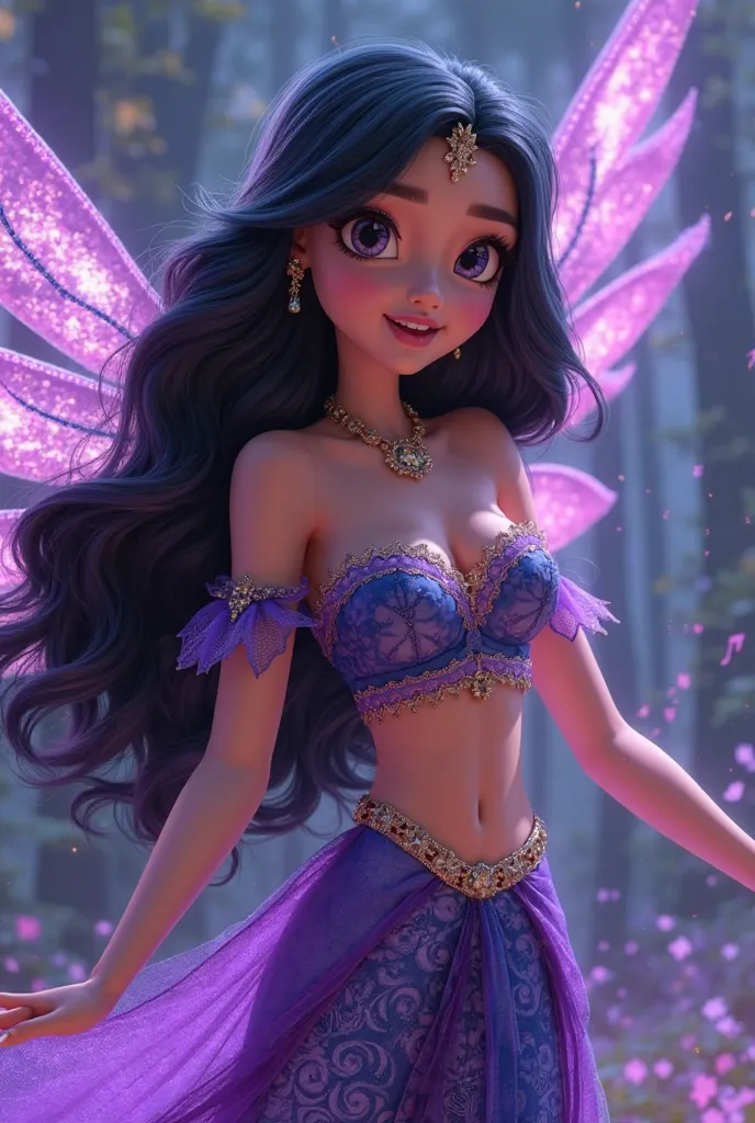 Musa from Winx Club with dark black raven hair wearing a decorated intricate laced purple and blue crop top half top with a matching long skirt with train merged with Disney Princess Mulan. With translucent glowing purple wings, and a music note dancing in...