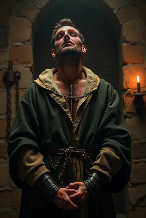 Ultra-realistic depiction of a medieval torture scene in a dark, oppressive dungeon. A man is standing motionless, bound by his wrists. The focal point is a small but cruel metal device known as the 'Heretic’s Fork.' The device consists of a thin, sharp ba...