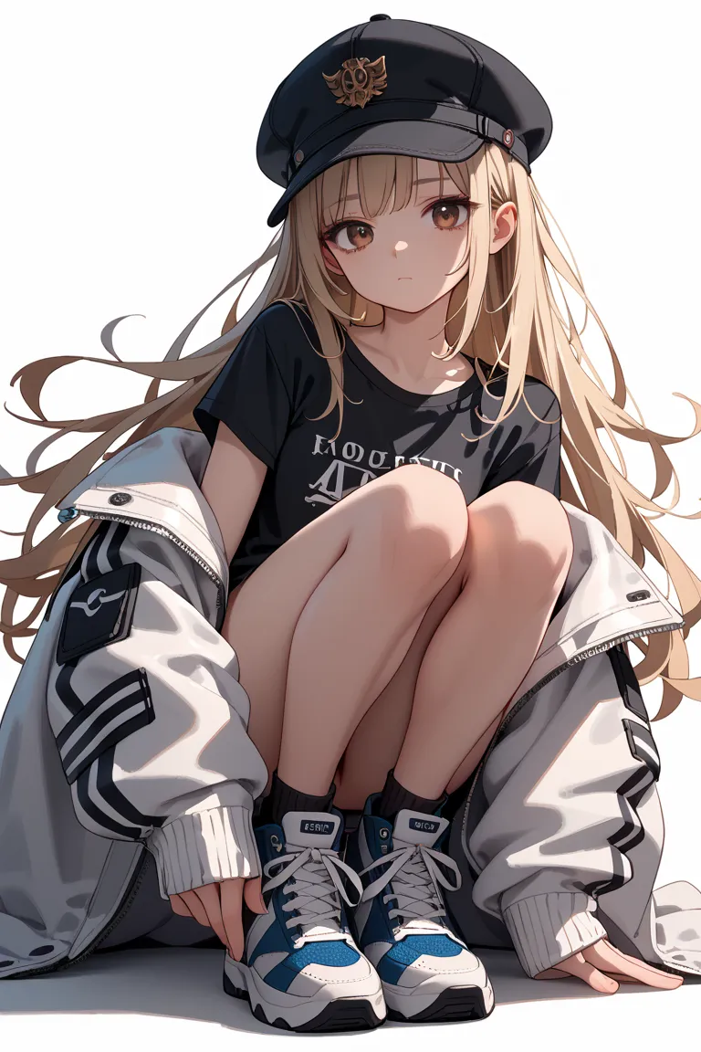  anime style、looking at the camera、full body、
1 girl、
 white jacket、Black T-shirt、Street Style、
 black hat、
masterpiece、Highest quality、
 Light Blonde、 white mesh、half up、long hair、brown eyes、Droopy eyes、
closed mouth、
 small tits、
Petite、standard、Fair ski...