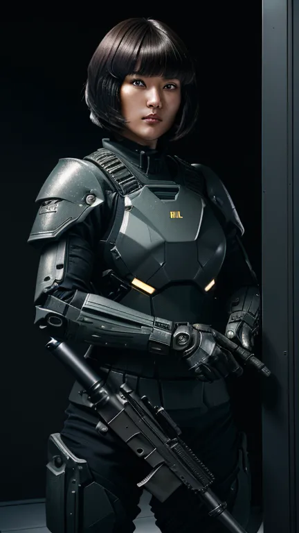 8k,   Ultra High Definition,  (( bob cut short hair  ))、 full body,   beautiful, Heavily armed,   wear a heavy armored suit inside a combat spaceship , Battle Form   , Show a rugged face,    fire her weapon inside her advanced weapon 、 Female Soldier with ...