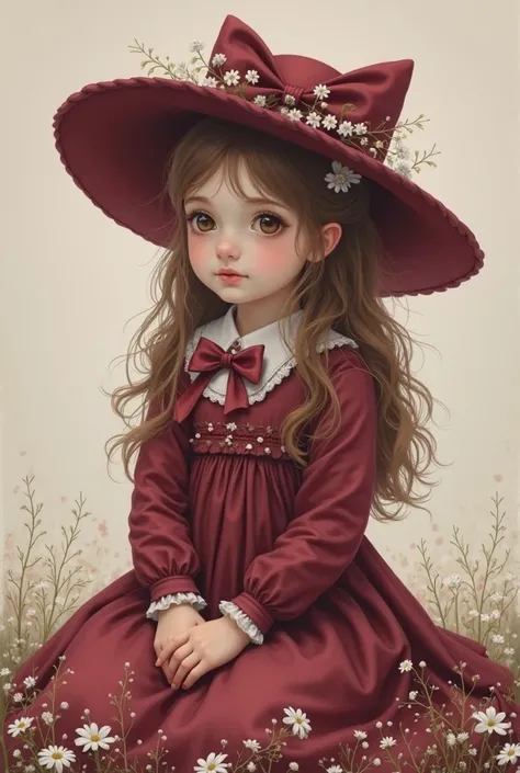 burgundy dress with small white flowers , wide brim and bow、I'm wearing a big, plump hat with white flowers、tiny girl、 is sitting