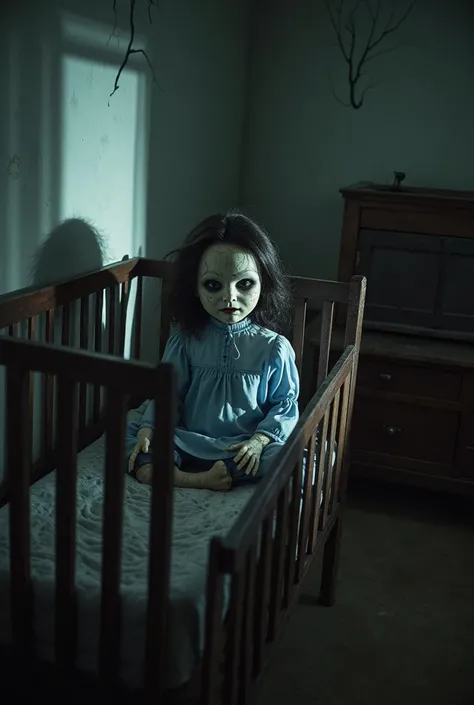 An old, dimly lit room, with dark wood furniture and a crib in the corner. On the screen of a baby monitor, a creepy doll appears seated inside the crib, looking directly at the camera. The doll wears an antique blue dress, cracked porcelain skin and deep ...