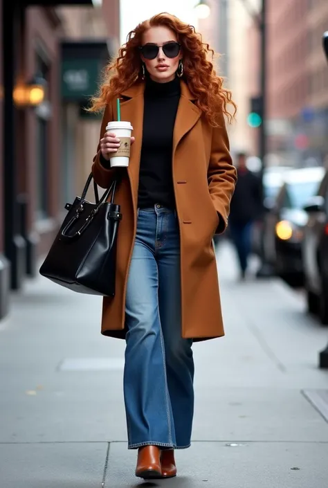 A Vogue lifestyle,  A little thick long copper hair, curly , hourglass body a little voluptuous, golden earrings,  wears a long brown winter coat, wide-boot jeans, brown boots, black sunglasses,  A black bag , is walking down a street in New York, with a c...