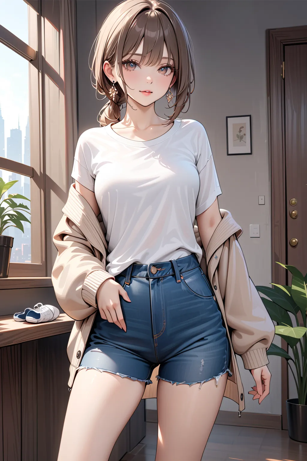 (masterpiece, best quality:1.5), (ultra detailed, high resolution, 8k, beautiful detailed, UHD, best anatomy), Ash brown Low ponytail hair, 1 girl, Simple Casual Style, White long-sleeve T-shirt, Blue denim, Beige long cardigan, White sneakers, full body s...